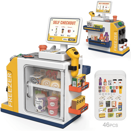 Adofi Upgraded Cash Register Playset for Kids - 46PCS, Kids Pretend Play Cash Register Toys with Scanner, Shopping Cart, Calculator, Play Food, Credit Card, Supermarket Cashier Gifts for Kid-Yellow