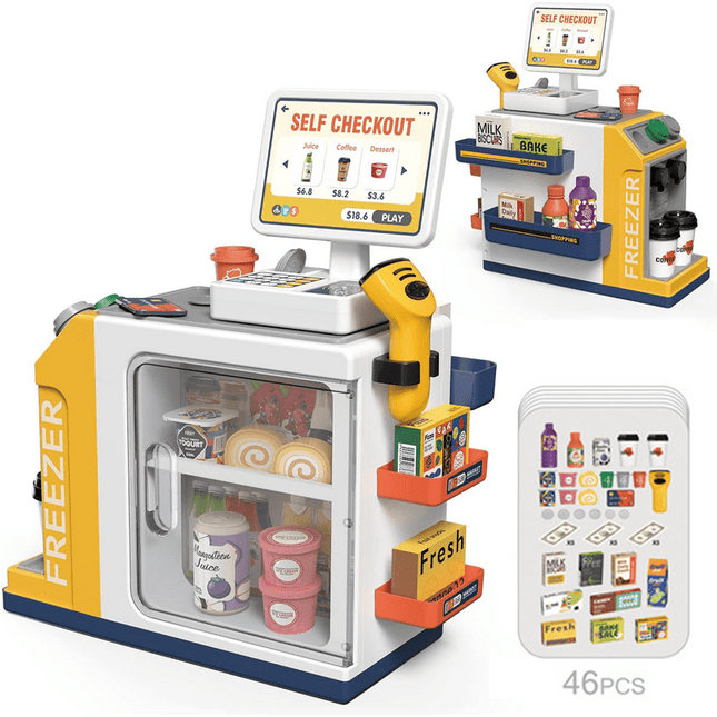 Adofi Upgraded Cash Register Playset for Kids - 46PCS, Kids Pretend Play Cash Register Toys with Scanner, Shopping Cart, Calculator, Play Food, Credit Card, Supermarket Cashier Gifts for Kid-Yellow