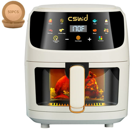 Air Fryer 7.4 QT Large Capacity Touch Screen Smart Fryers Household Multi-function Window Visible Air fryer that Crisps, Roasts, Reheats, Dehydrates,Including Air Fryer Paper Liners 50PCS,Ivory White