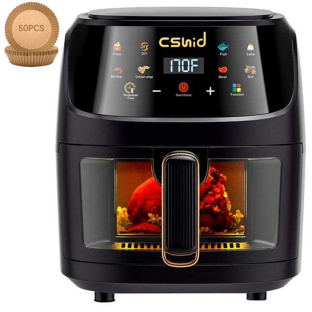 Air Fryer 7.4 QT Large Capacity Touch Screen Smart Fryers Household Multi-function Window Visible Air fryer that Crisps, Roasts, Reheats, & Dehydrates,Including Air Fryer Paper Liners 50PCS,Black