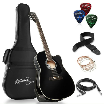 Ashthorpe Full Size Cutaway Thin Line Acoustic-Electric Guitar Package, Premium Tonewoods, Black