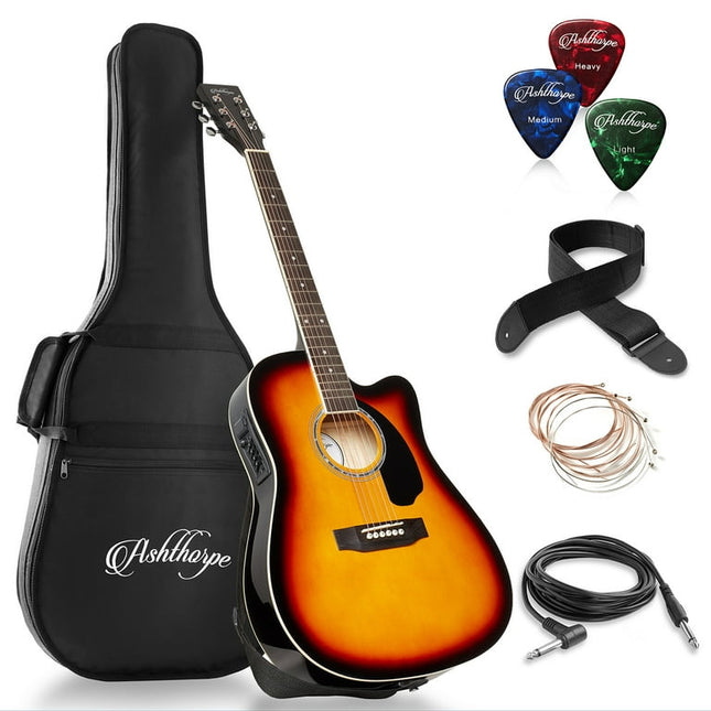 Ashthorpe Full-Size Cutaway Thinline Acoustic-Electric Guitar Package Premium Tonewoods, Sunburst