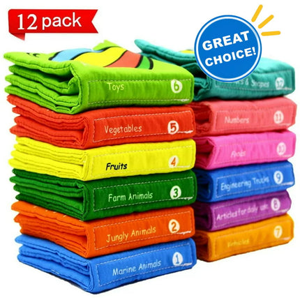 Auchen Soft Infant Books, Baby's First Non-Toxic Fabric Soft Cloth Book Set, Rainbow Early Education Toys for Toddler, Infants and Kids, Pack of 12