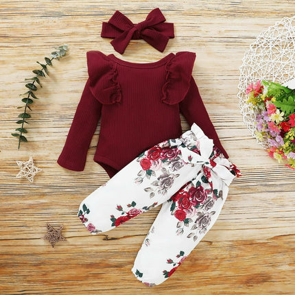 Augper Baby Girl Clothes Long Sleeve Fall Winter Clearance Newborn Baby Girl Clothes Infant Outfits Ruffle Sleeve Romper Bodysuit Floral Pants Toddler Girl Outfits,Red