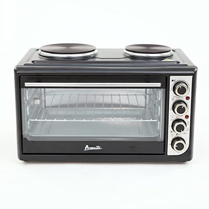 Avanti Portable Oven Multi-Function with Convection Rotisserie and Dual Burner Cooktop, 60 Minute Timer and Auto Shut-Off, 1.4 Cu.Ft., Black