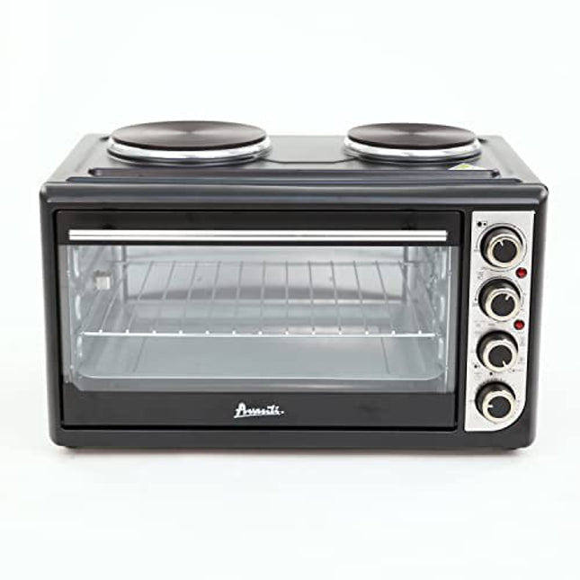 Avanti Portable Oven Multi-Function with Convection Rotisserie and Dual Burner Cooktop, 60 Minute Timer and Auto Shut-Off, 1.4 Cu.Ft., Black