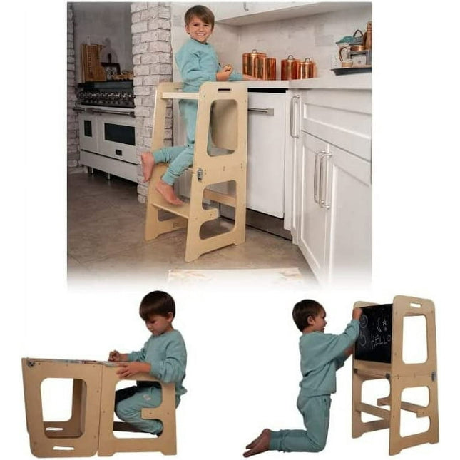 Avenlur 4 in 1 Learning Kitchen Tower Step Stool Helper Montessori Waldorf Style Indoor Counter Stepping Stand and Chalkboard Converts-Folds Into Desk Table, Chair for Toddlers, - Natural