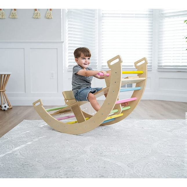 Avenlur BAILIS Seesaw Rocker Climber Arch with Handles and Built in Seat for Toddlers - Montessori Waldorf Style Wooden Colorful Rainbow Arch Climbing Play Structure for Kids (Colored Bars)