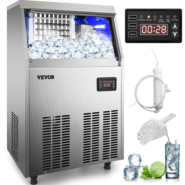 BENTISM 110V Commercial Ice Maker 120-130lbs/24H with 33lbs Bin, Full Heavy Duty Stainless Steel Construction, Automatic Operation