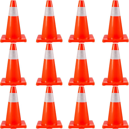 BENTISM Traffic Safety Cones 12 PCS PVC Parking Cones 18" W/ 1 Reflective Collars 11" X 11" Red PVC Base For Higher Warning Roads Construction Sites
