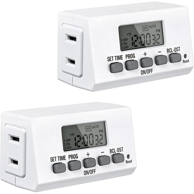 BN-LINK Digital Timer Outlet 24-Hour Programmable Digital Outlet Timer 2 Pack 2 On/Off Programs 2-Prong Mini Indoor Easy Set Stackable Plug-in for Lights Lamps Fans Accurate 8A/1000W 1/3HP