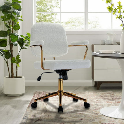 BTMWAY Ergonomic Office Chair, New Upgraded 360° Swivel Task Chair with Arms and Golden Metal Base, Velvet Upholstered Computer Desk Chair for Home Office, Accent Chair, Adjustable Height, White
