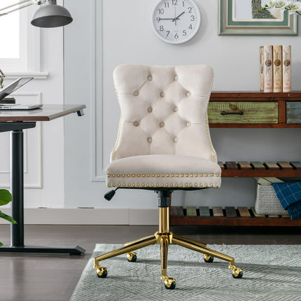 BTMWAY Office Chair, New Upgraded Velvet Upholstered Tufted Button Home Office Chair with Golden Metal Base, 360° Swivel Task Chair Adjustable Desk Chair, Accent Chair, Adjustable Height, Beige