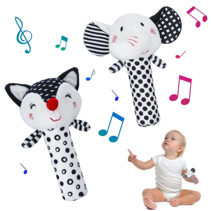 BUBABOX 2Pcs Baby Rattle Toy Sensory for 0-6 Months,Baby Plush Rattle Toy, Black and White Newborn Teething Ring Cartoon Stuffed Animal Elephant Fox Infant Shower Gift(Black)
