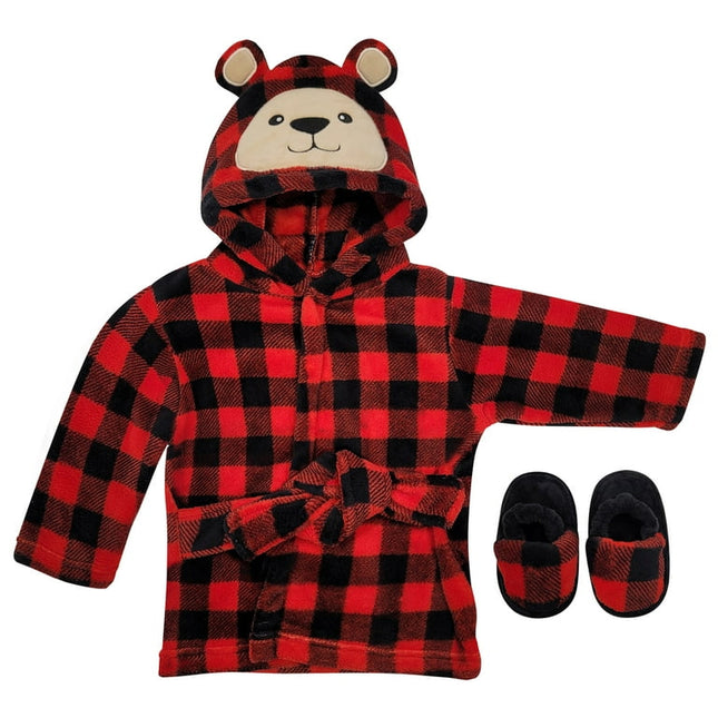 Baby Robe - Soft Plush Bath Towel Robe Spa Set - Baby Bathrobe Towel & Slippers for Boys + Turban for Girls Robe Set (Buffalo Plaid Bear, 0-9 Months)