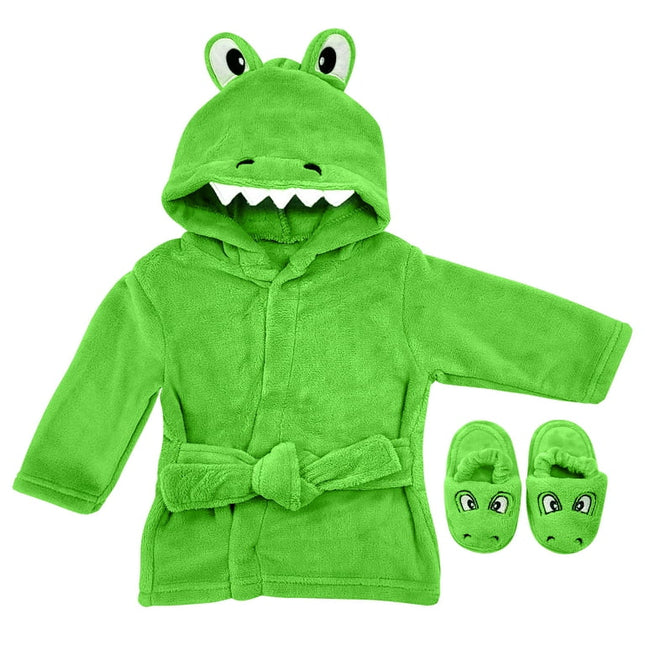 Baby Robe - Soft Plush Bath Towel Robe Spa Set - Baby Bathrobe Towel & Slippers for Boys + Turban for Girls Robe Set (Green Aligator, 0-9 Months)
