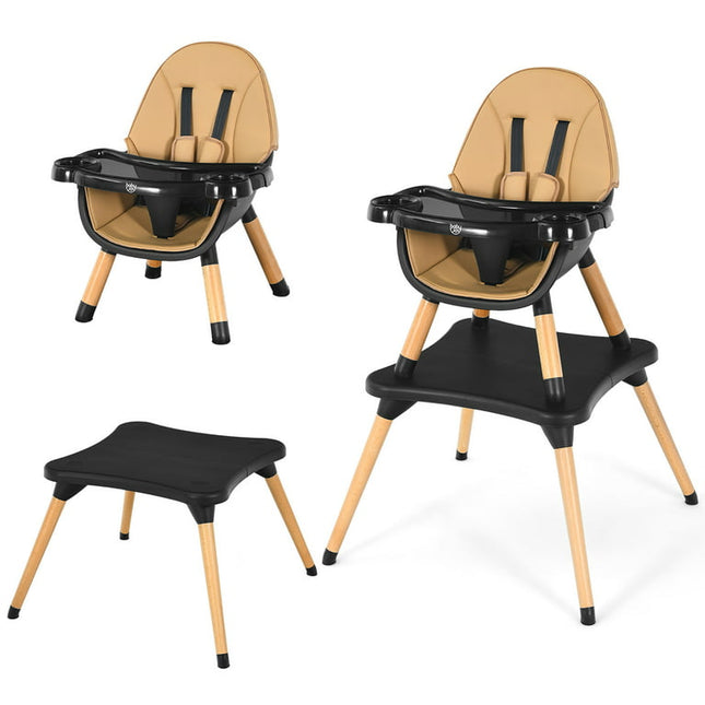 Babyjoy 5-in-1 Baby High Chair Infant Wooden Convertible Chair 5-Point Seat Belt Coffee