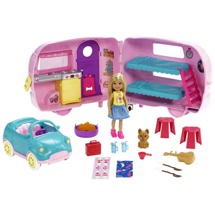 Barbie Club Chelsea Camper Playset, Blonde Small Doll, Puppy, Car & 10+ Accessories, Open for Campsite