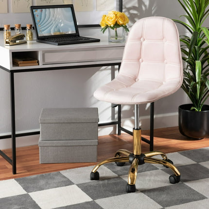 Baxton Studio Kabira Contemporary Glam and Luxe Blush Pink Velvet Fabric and Gold Metal Swivel Office chair