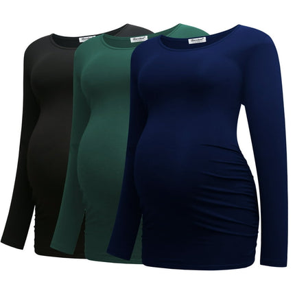 Bearsland Women's Long Sleeve Maternity Tops Casual Side Ruched Clothes Pregnancy Shirts 3-Pack,B-XL