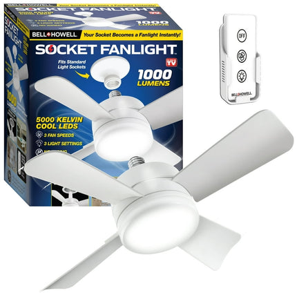 Bell and Howell Socket Fan Ceiling Fan with Light 15 inches Fan 1000 Lumens Light Includes Remote Control, 4 Blade Ceiling Fan