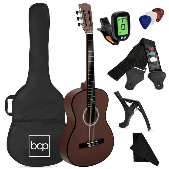 Best Choice Products 38in Beginner Acoustic Guitar Starter Kit w/ Case, Strap, Digital Tuner, Strings - Dark Brown