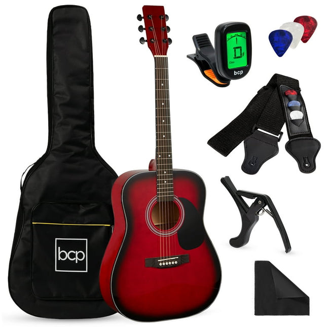 Best Choice Products 41in Full Size All-Wood Acoustic Guitar Starter Kit w/Gig Bag, E-Tuner, Pick, Strap - Red Burst