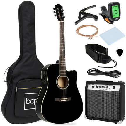 Best Choice Products Beginner Acoustic Electric Guitar Starter Set 41in w/ All Wood Cutaway Design, Case - Black