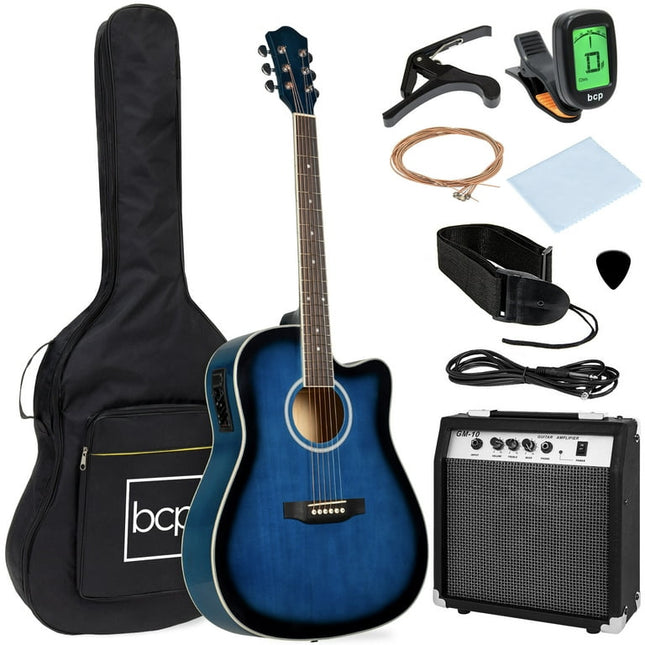Best Choice Products Beginner Acoustic Electric Guitar Starter Set 41in w/ All Wood Cutaway Design, Case - Blue