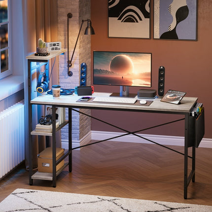 Bestier 52 inch Gaming Computer Desk with LED Lights Reversible Corner Desk with Shelves in Grey