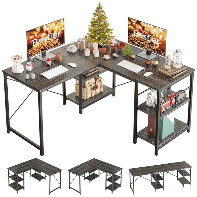 Bestier 86.6 inch Reversible L Shaped Desk with Shelves Charcoal