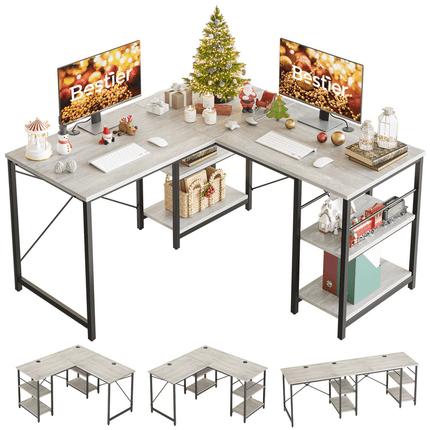 Bestier 86.6 inch Reversible L Shaped Desk with Shelves Grey
