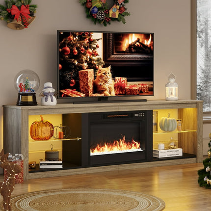 Bestier Electric Fireplace TV Stand for 75inch TV, Farmhouse Entertainment Center with LED Light for Living Room in Wash Grey