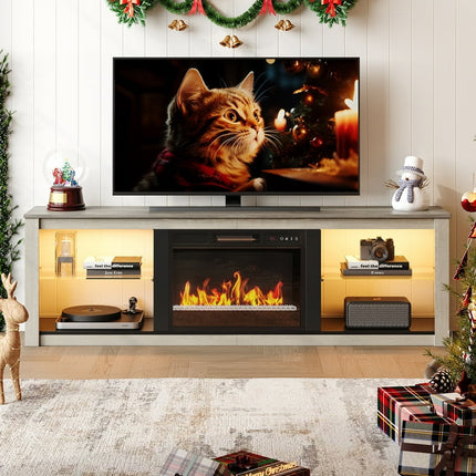 Bestier Modern Electric Fireplace TV Stand for TVs up to 75" with LED Light in Wash White+Grey