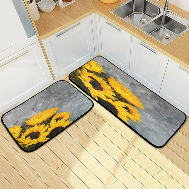 Bestwell Yellow Sunflower Bouquet Kitchen Mats and Rugs, Summer Floor Runner Area Rug Washable Carpet Perfect for Living Room Bedroom Entryway, 19.7"x27.6" + 19.7"x47.2"