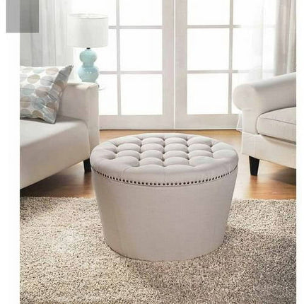 Better Homes & Gardens Round Tufted Storage Ottoman with Nailheads, Cream Faux Linen