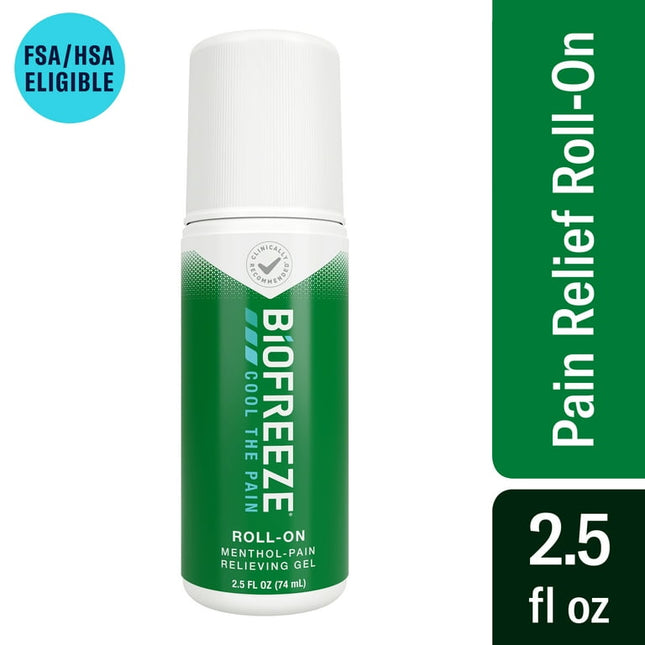 Biofreeze Roll-On Pain-Relieving Gel 2.5 FL OZ Green, Topical Pain Reliever For Aches And Pains Of Muscles And Joints From Simple Backache, Arthritis, Strains, Bruises, & Sprains (Package May Vary)