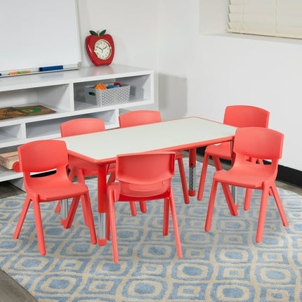 BizChair 23.625''W x 47.25''L Rectangular Red Plastic Height Adjustable Activity Table Set with 6 Chairs
