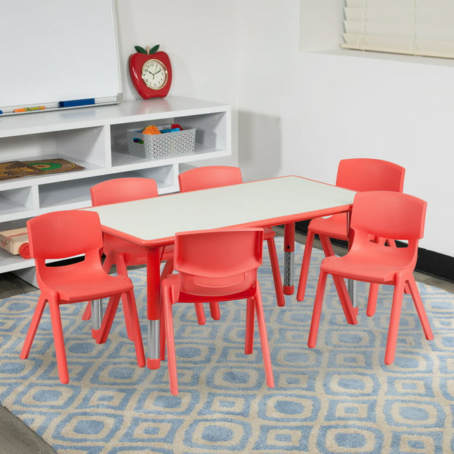 BizChair 23.625''W x 47.25''L Rectangular Red Plastic Height Adjustable Activity Table Set with 6 Chairs