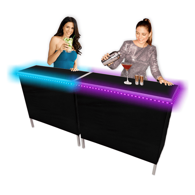 Black Folding Portable Party Bar with Patented Multi-Color LED Lights, Storage Shelf, Carrying Bag, & 2 Skirts (40" L x 36" H) - Double