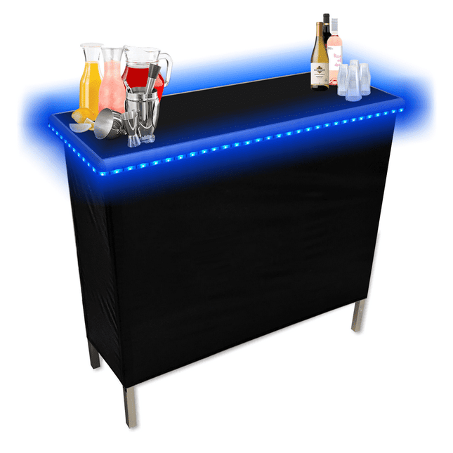 Black Folding Portable Party Bar with Patented Multi-Color LED Lights, Storage Shelf, Carrying Bag, & 2 Skirts (40" L x 36" H) - Single
