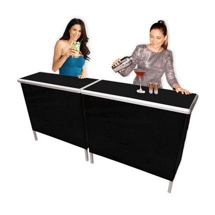 Black Folding Portable Party Bar with Storage Shelf, Carrying Bag, & 2 Skirts (40" L x 36" H) - Double