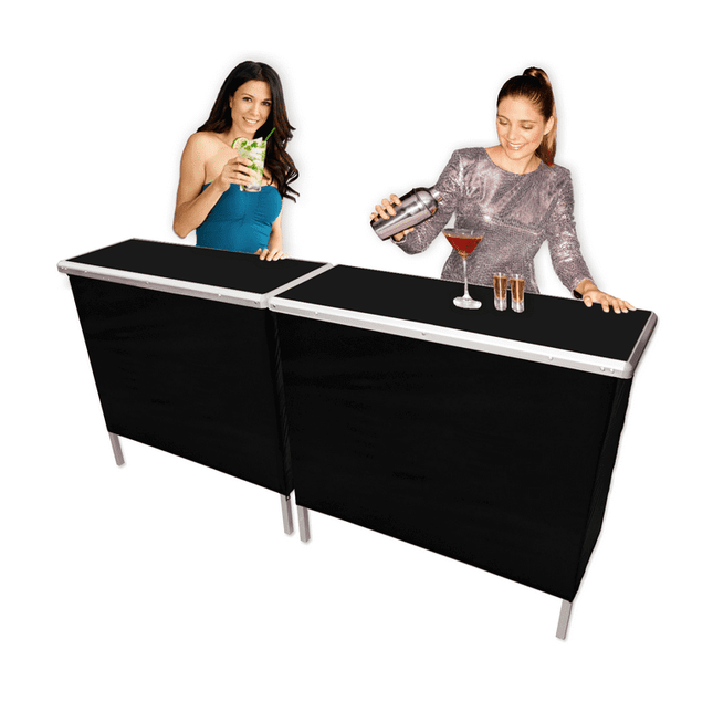 Black Folding Portable Party Bar with Storage Shelf, Carrying Bag, & 2 Skirts (40" L x 36" H) - Double