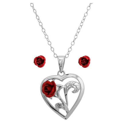 Brilliance Fine Jewelry Women's Sterling Silver Red Rose Heart Pendant and Stud Earring Set