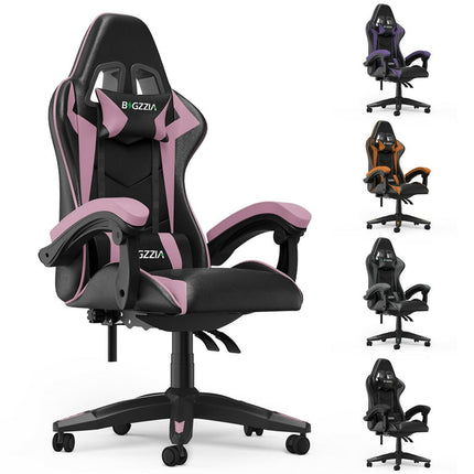 Bugzzia Gaming Chair PU Leather Adjustable Headrest & Lumbar Support, Black & Pink