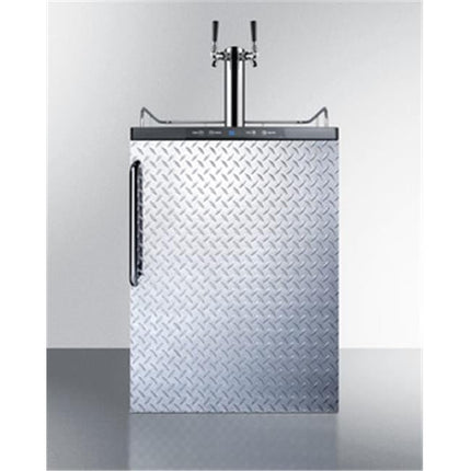 Built-in residential beer dispenser, auto defrost with digital thermostat, dual tap system, diamond plate door, towel bar handle, and black cabinet