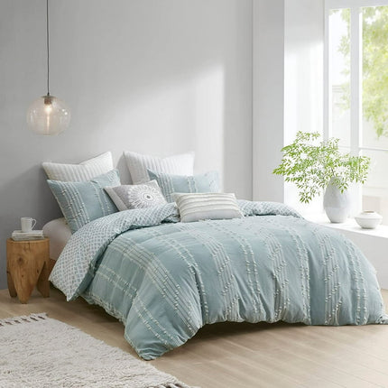 CHAOCHUANG 100% Cotton Comforter Set Trendy Stripe Textured Design, Modern Down Alternative, All Season Cozy Bedding with Matching Shams, King/Cal King, Aqua Reversable Stripes