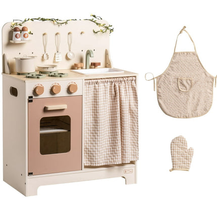 COCLUB Play Kitchen, Wooden Kids Kitchen Playset with Apron, Gloves, Leaf Light String, Cookware Accessories, Toy Kitchen Gift for Boys Girls Age 3-8 Beige+Brown