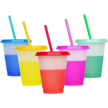 Casewin 5Pack Plastic Tumblers with Lids and Straw - 16OZ Color Changing Cups with Lids and Straws for Adults and Kids - Tumblers with Lids and Straws for Cold Drinks or Reusable Coffee Cups with Lids