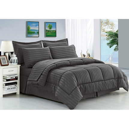 Celine Linen Wrinkle Resistant - Luxury Silky Soft Dobby Stripe Bed-in-a-Bag 8-Piece Comforter Set --HypoAllergenic - King Grey